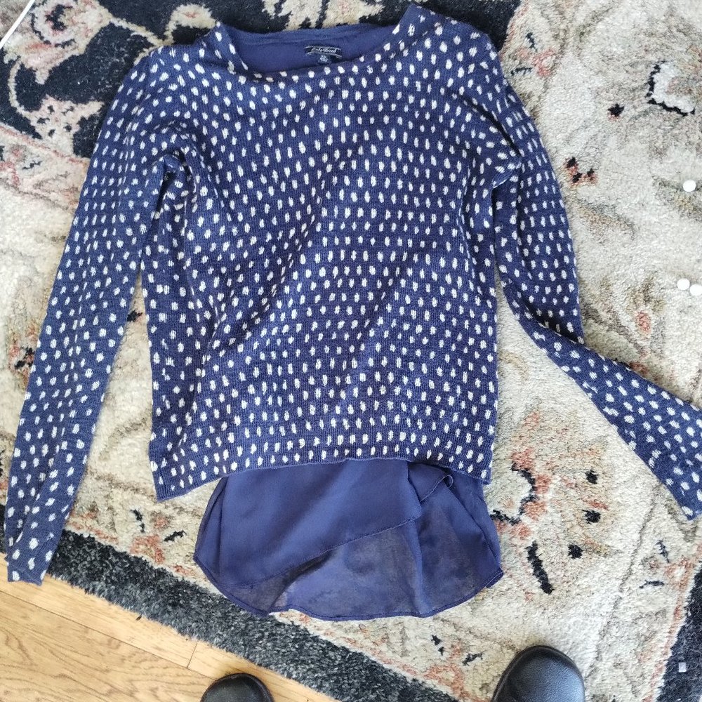 Lucky brand XS navy and white polka dot lightweight sweater intricate back unde